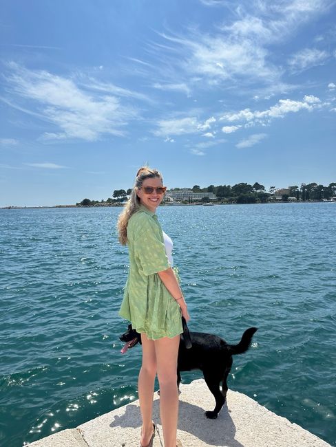 Urlaub in Porec für Pärchen und Hunde Wasser, Himmel, Lächeln, Wolke, Hund, Sonnenbrille, Azurblau, menschlicher Körper, Kleid, glücklich,